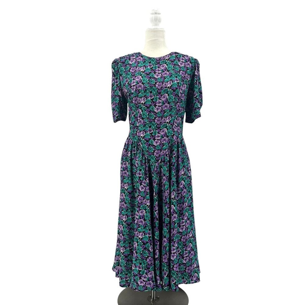 Vintage E.D. Michaels Womens 7/8 Dress Floral Midi Purple Teal Green Eighties